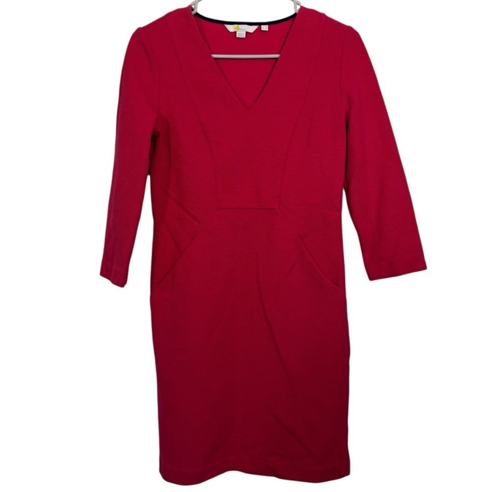 Boden Red Classic Long Sleeve V-Neck Midi Dress